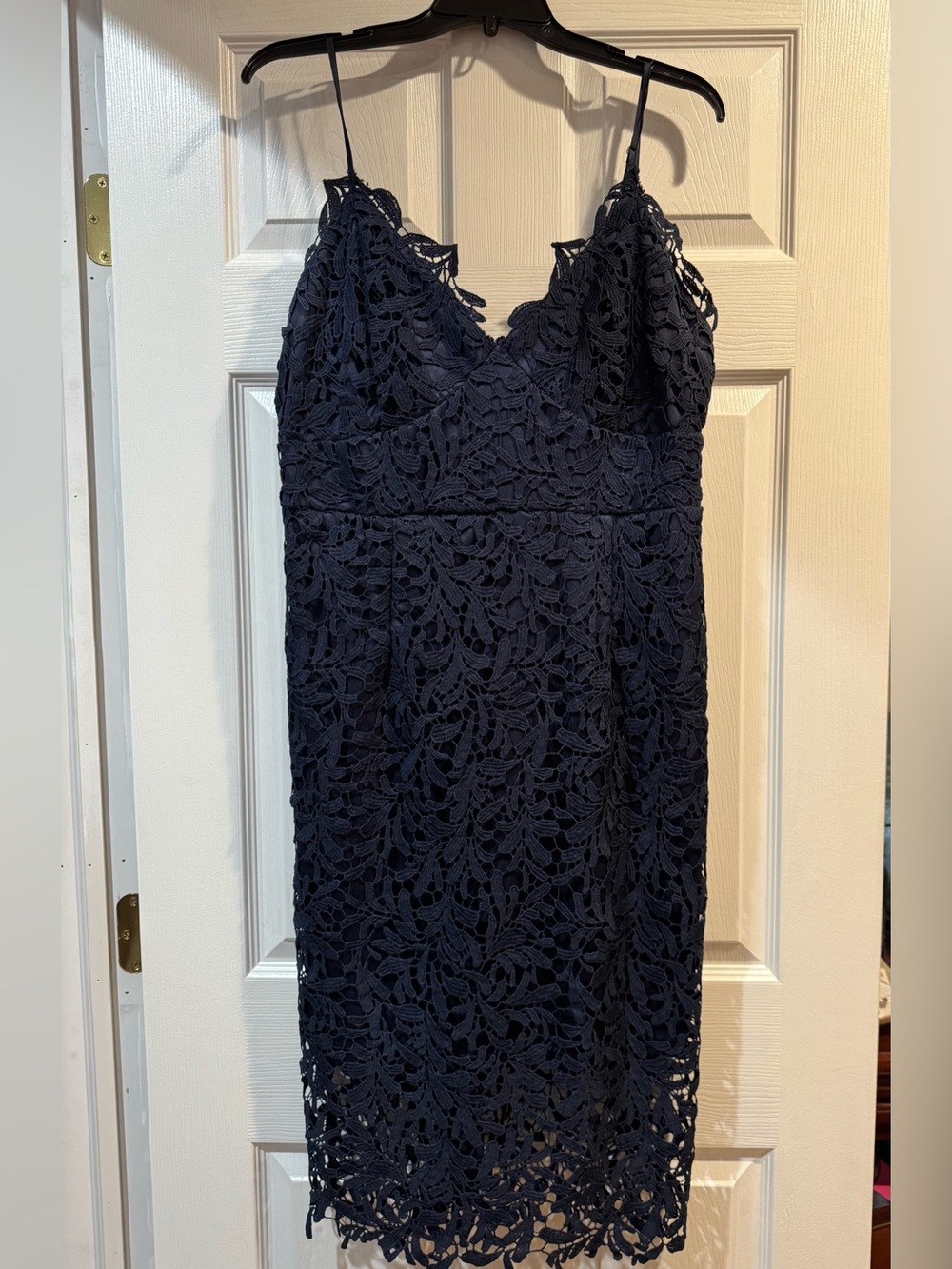 Sleeveless Navy Lace Midi Dress with Spaghetti Straps